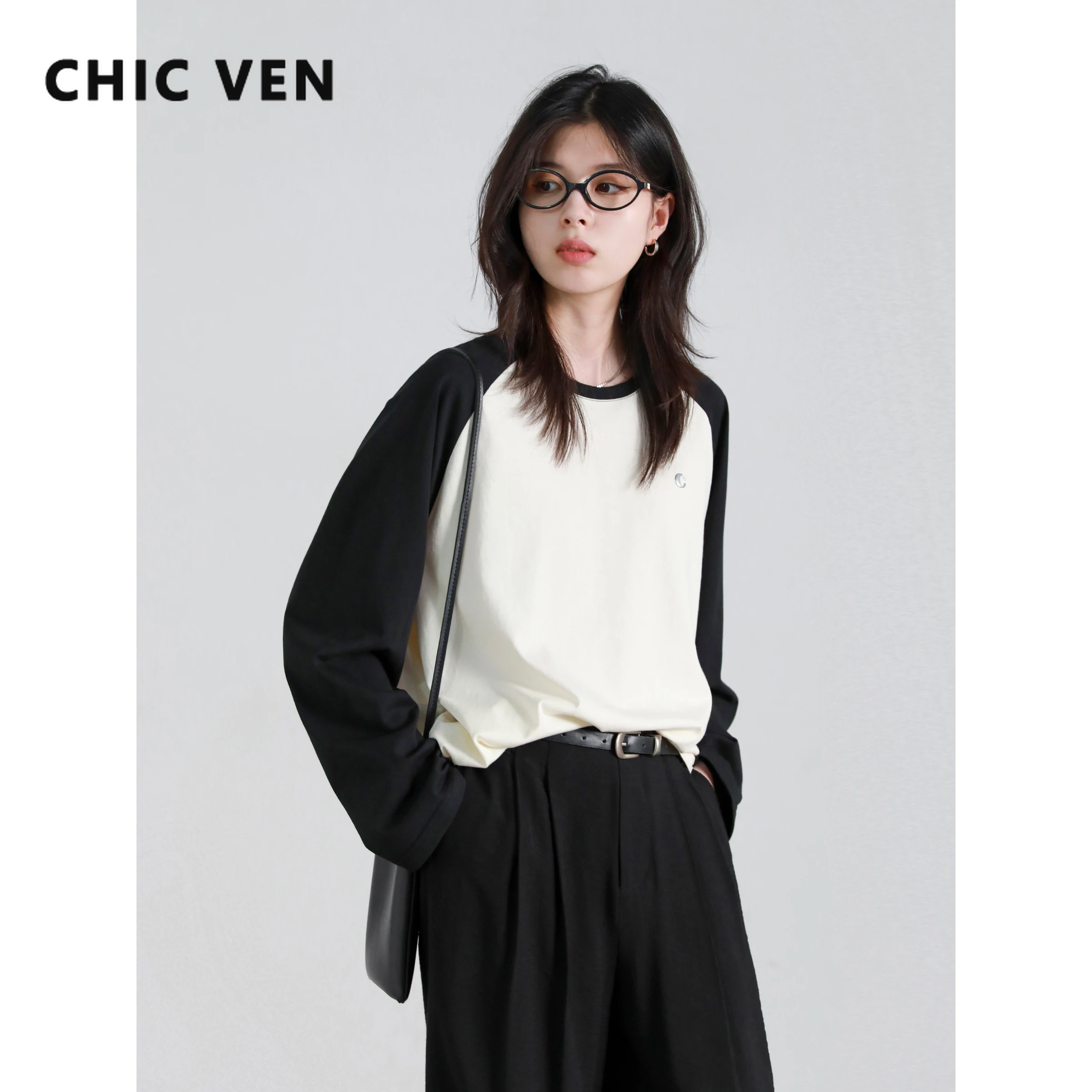 

CHIC VEN женские футболки корейские свободные с круглым вырезом контрастные футболки реглан с длинными рукавами повседневные женские пуловеры весна осень новинка 2025