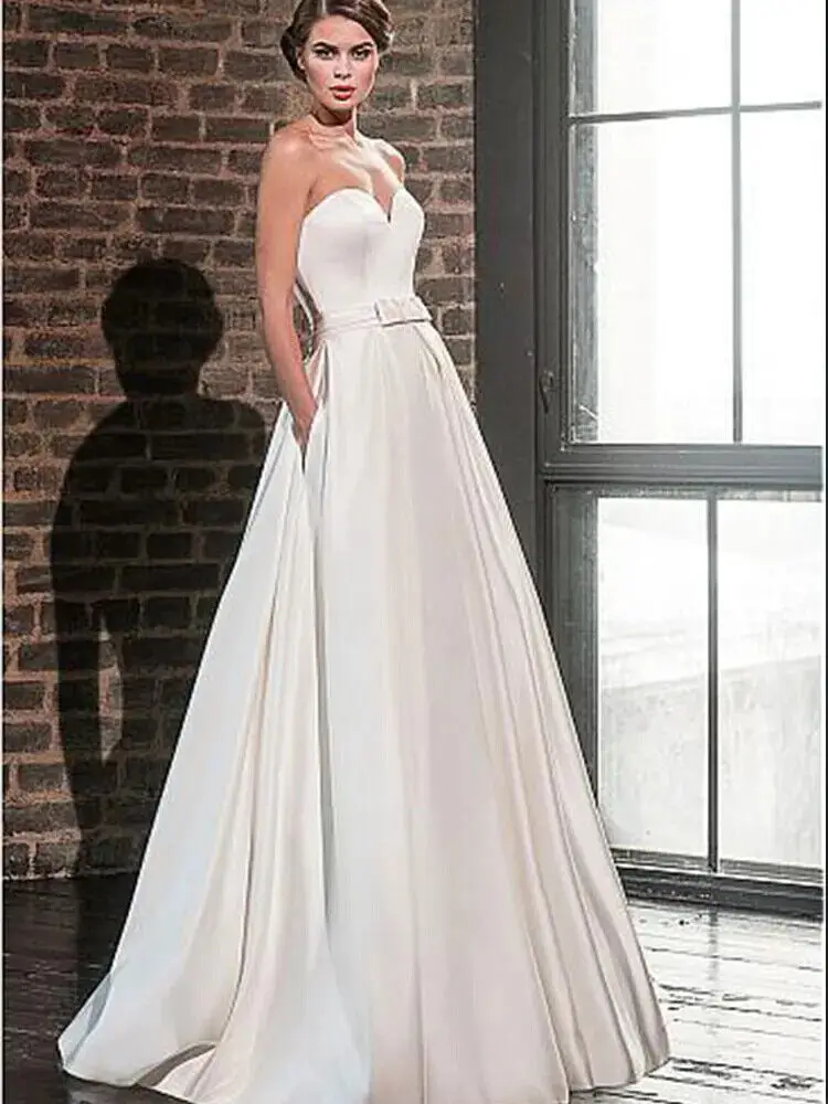 Sweetheart Satin Wedding Dresses With V Neck Lace Jacket A-line Bridal Gowns With Pockets