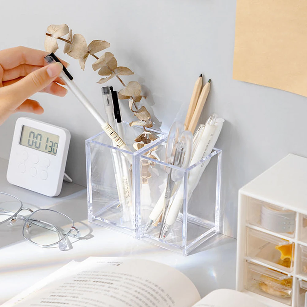 

6pcs Clear Acrylic Desk Storage Box Pen Holder Transparent Office Supplies Stationery Organizer Makeup Brush Container Desktop