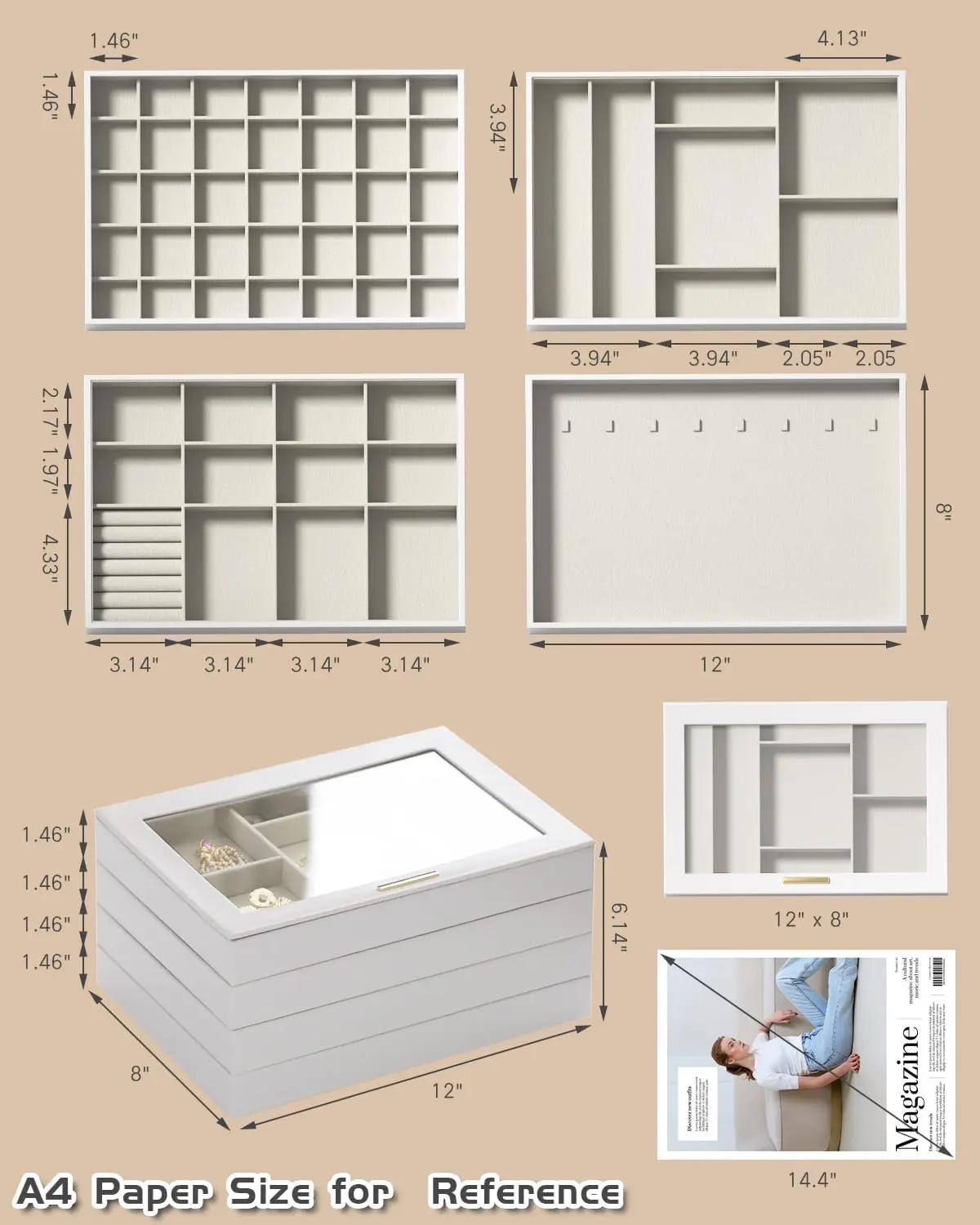 منظمات المجوهرات الكبيرة وصندوق تخزين، 4 طبقات لتنظيم المجوهرات قابلة للتكديس، غطاء شفاف للأدراج #4