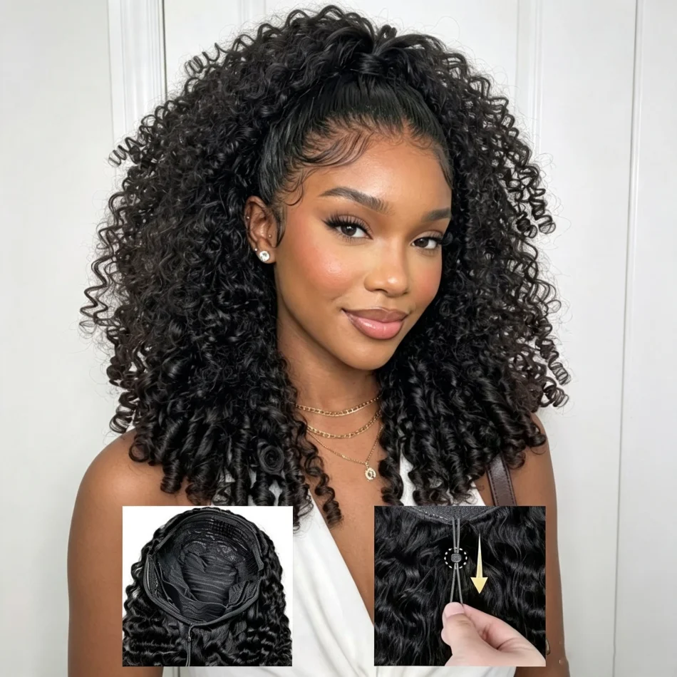 Burmese Curly Half Wigs Human Hair 10-30 Inch 3 In 1 Invisible Hairline Wear Go With Drawstring Seamless For Women Daily Wear Machine Wig 200 Density