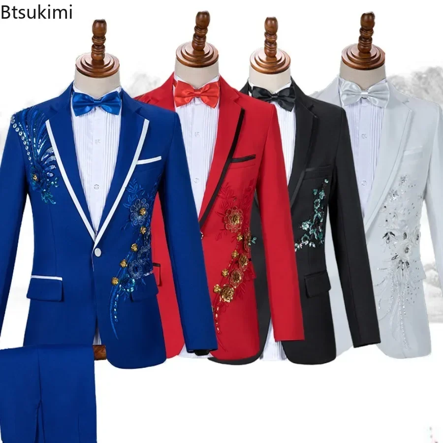 2025 Fashion Sequin Embroidery Suit Men Wedding Groom Tuxedo Suits and Pants 2PCS Sets New Men Single Button Lapel Stage Costume