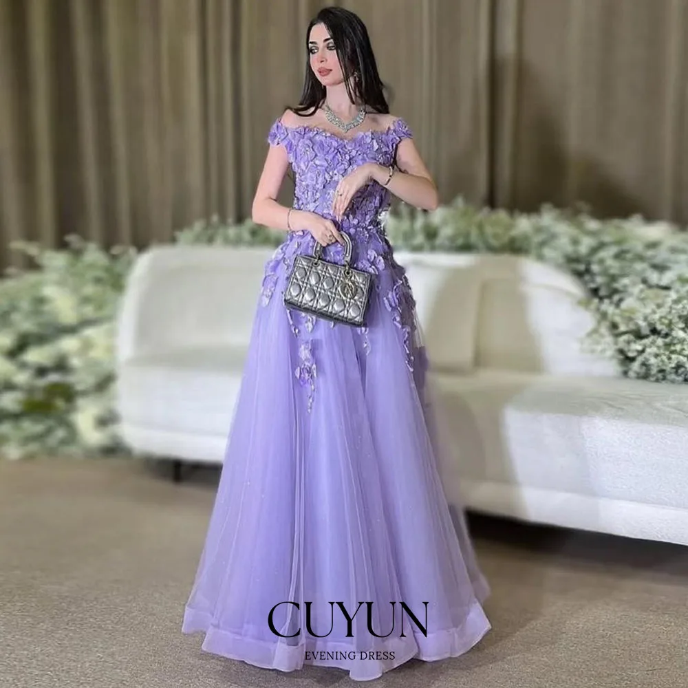 

CUYUN Light Purple Luxury Prom Dresses Off the Shoulder A Line Floral Appliques Soft Tulle Evening Gown Customized Party Gown