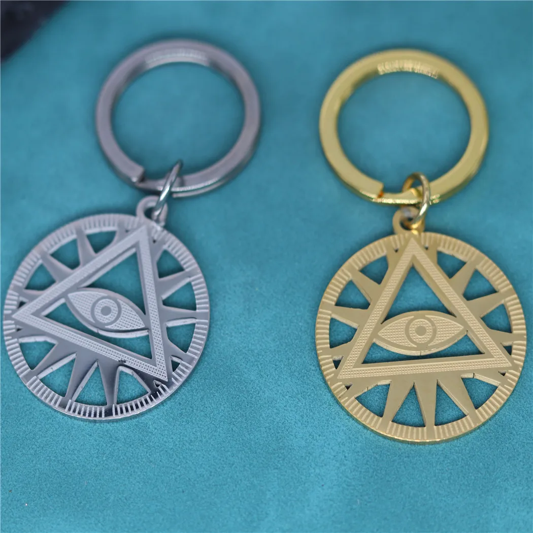 All-Seeing-Eye of Providence Illuminati Pyramid Stainless Steel Round Pendant Keychain For Men Women Amulet Jewelry Gift