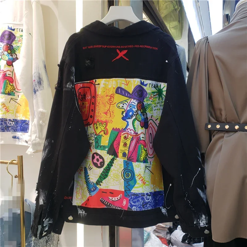 Chaqueta vaquera con estampado de grafiti para mujer, abrigo informal con agujeros, ropa con figura pintada a mano, primavera y otoño, novedad de 2024