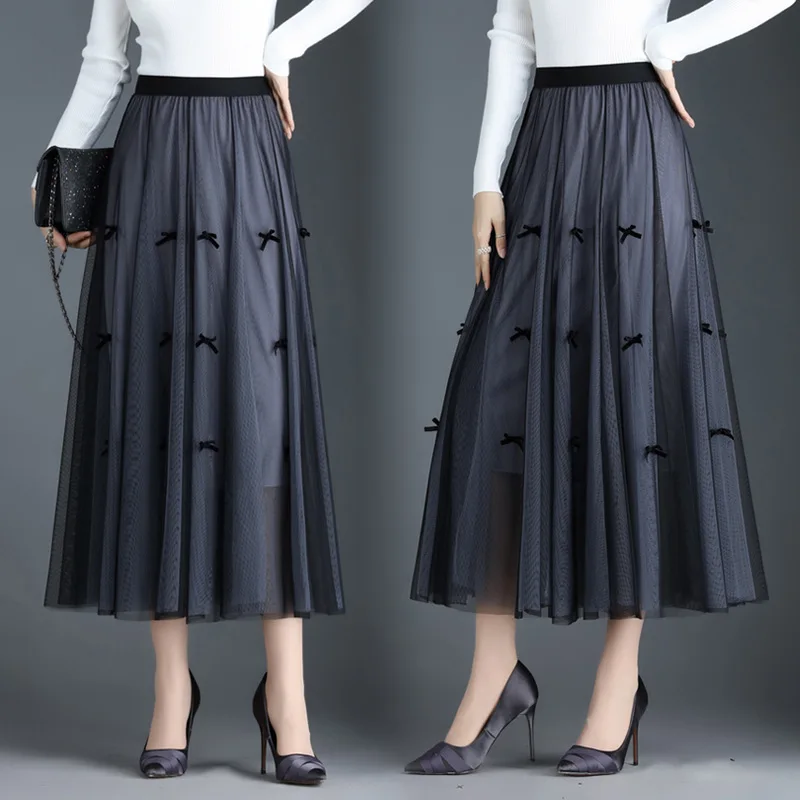 

Women's Pleated Midi Tulle Long Skirts Bow Tie Elastic High Waist Luxury Elegant Black Skirt Woman Fashion Slim Faldas