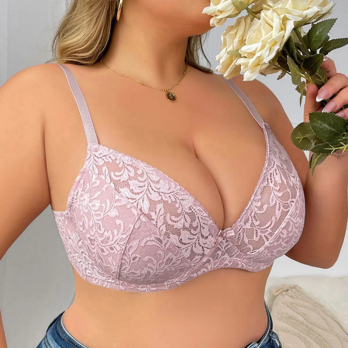 Beauwear Floral Lace Underwear Breathable Half-Transparent Bra Plus Size Lingerie Unlined Thin Bras for Women