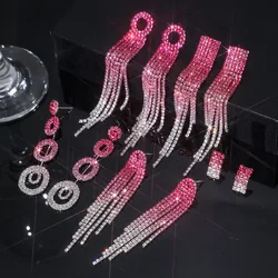 Pink gradient series European and American luxury super flash rhinestone long tassel earrings