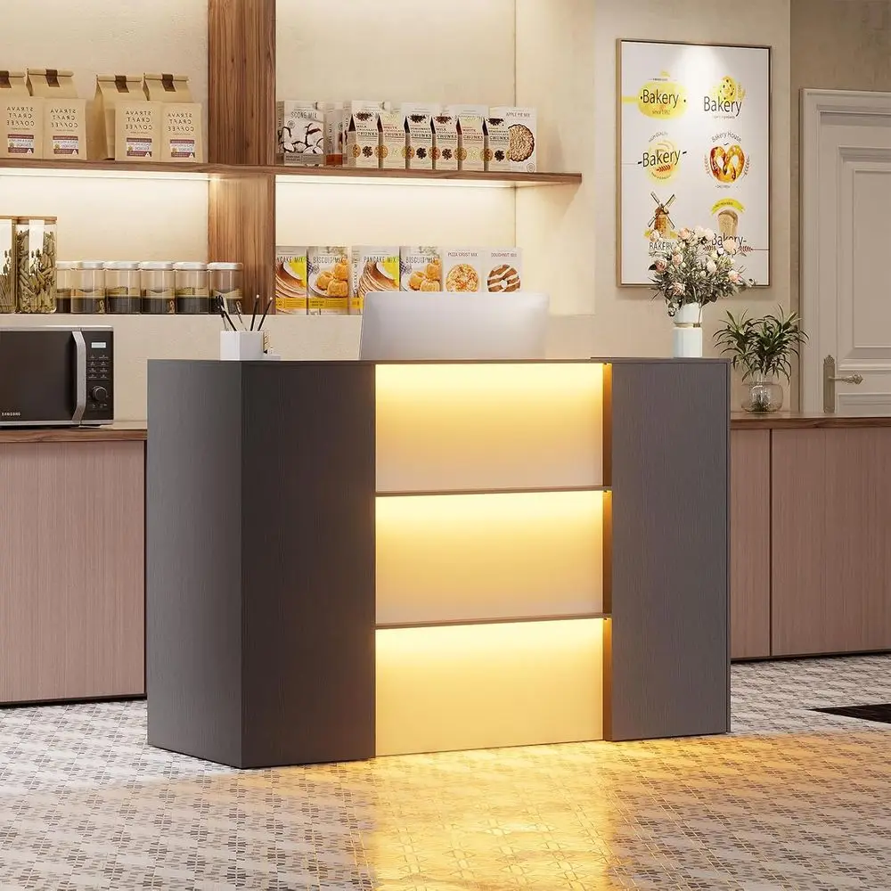 

63 LED-lit Front Counter Table with Lockable Drawer & Shelves, Ideal for Retail, Beauty Salon, Office Reception Areas (Black)
