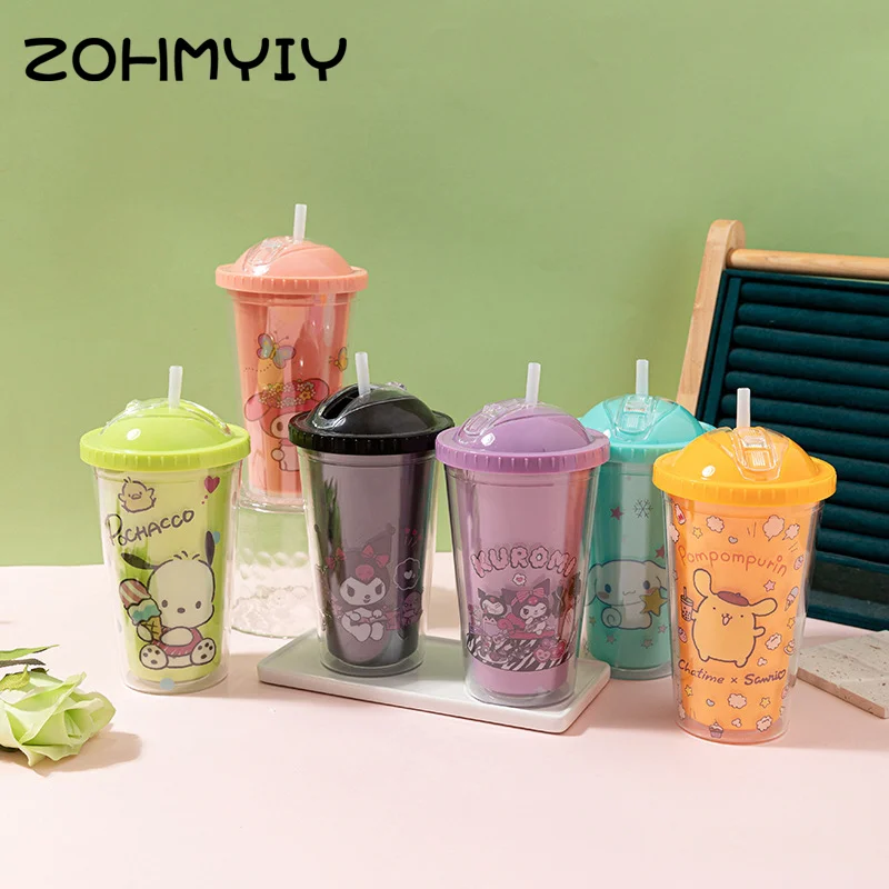 1PC Kuromi Cinnamoroll Double-Layer Plastic Water Cup Kawaii Anime Water Bottle Portable Sport Mug Straw Cup Winter Gifts