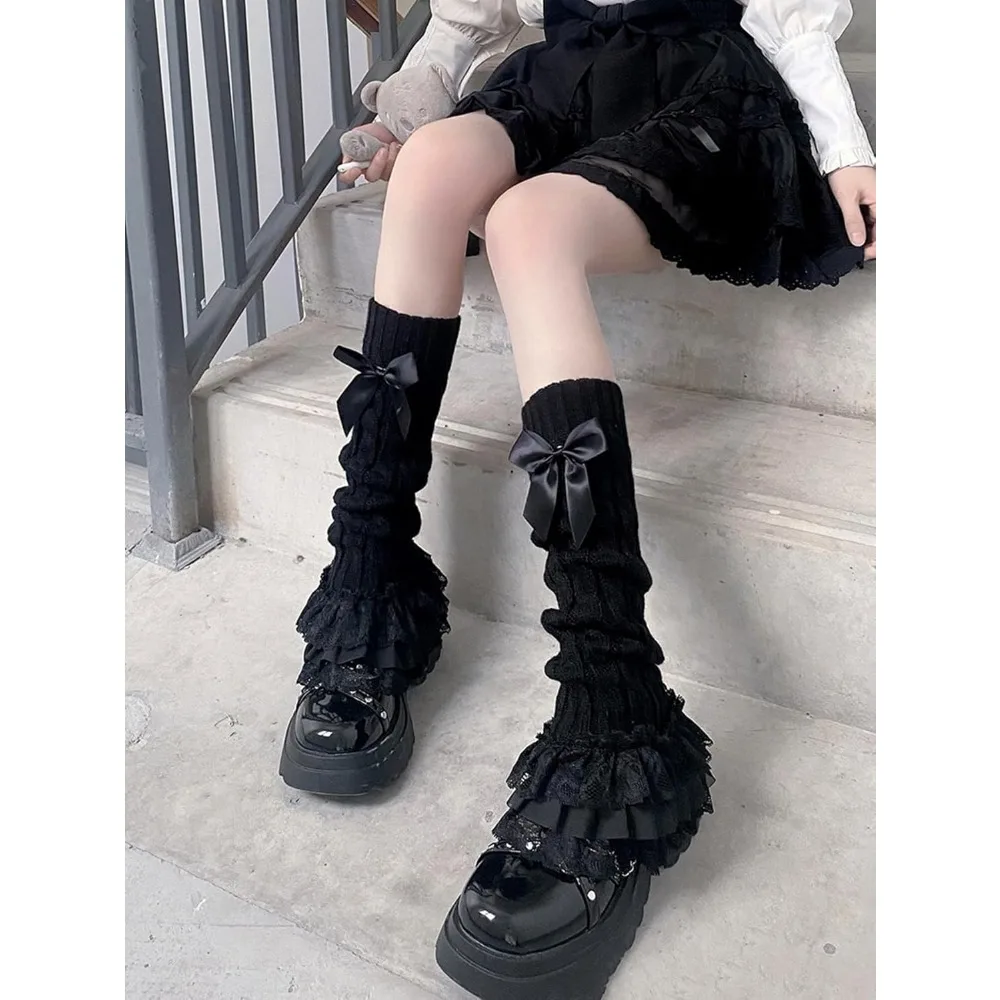 Women's Knit Leg Warmers Y2K Bow Lace Trim Knee High Leg Sleeve Socks for Lolita Costume Party Accessory