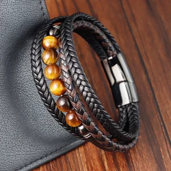 Fashion Stainless Steel Beads Leather Bracelet Men Classic Multi Layer Leather Bangles For Men Magnetic Clasp Jewelry Gift