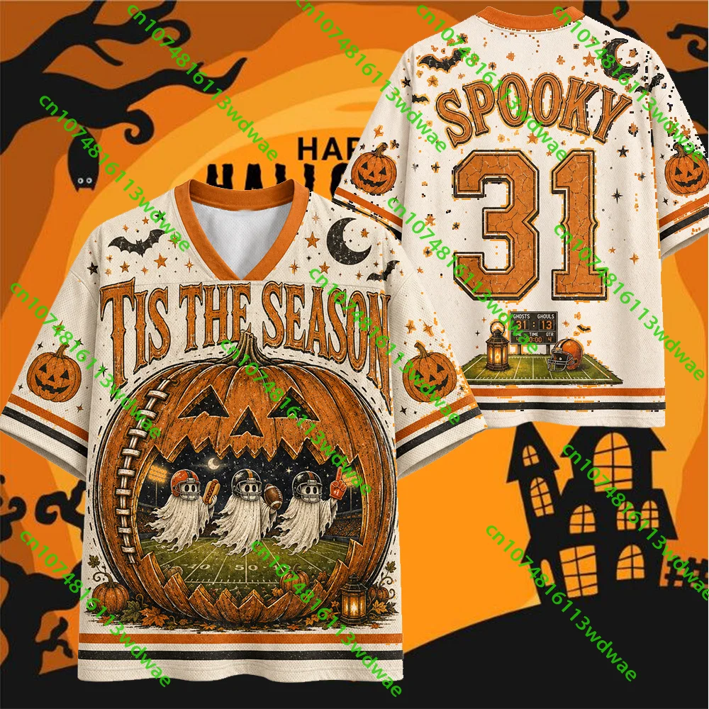 The Most Popular Haunted Pumpkin Scene Vintage Halloweentown Mesh Jersey Top T-shirt Women's Halloween Horror Festival Dress Up