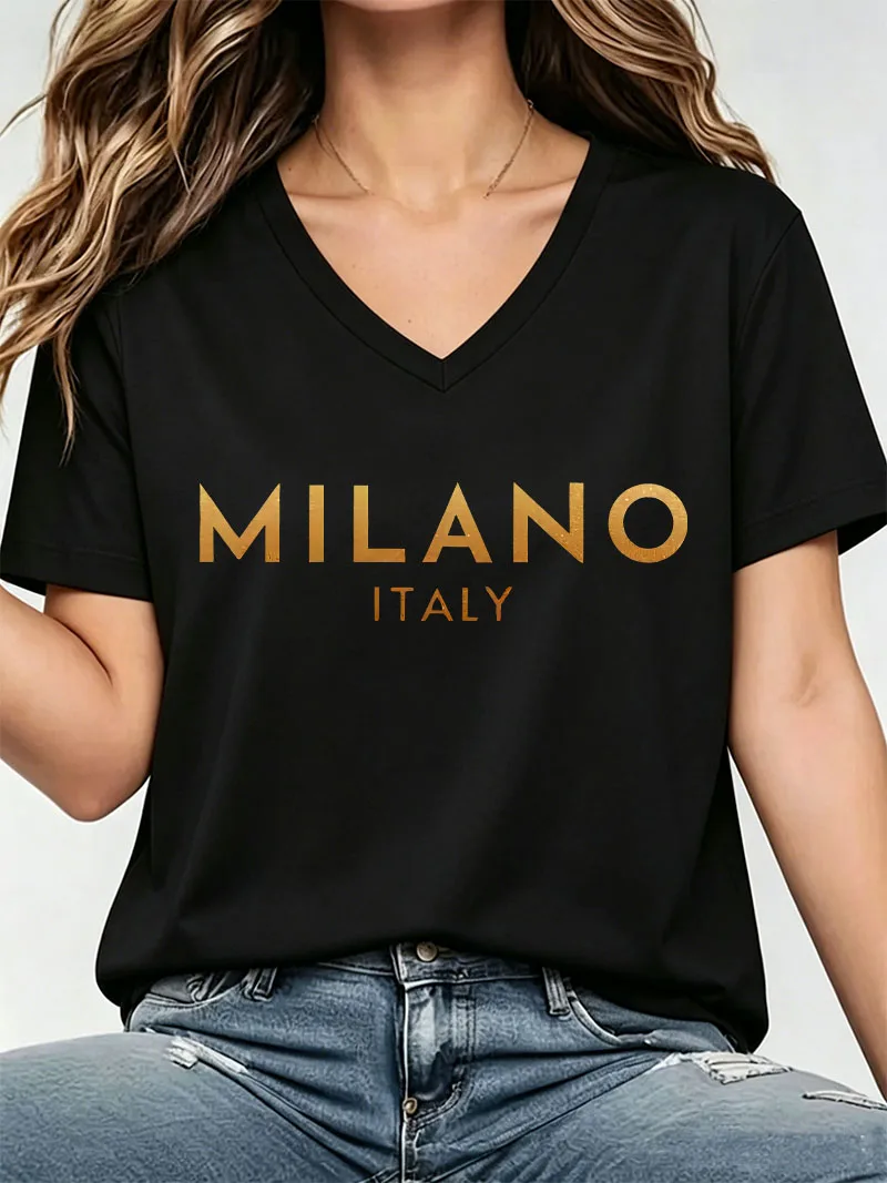 90s Women Casual T-shirt V Neck Fashion Milano Italy Printed T Shirts Short Sleeve Graphic Tee Shirt V-Neck Summer Spring