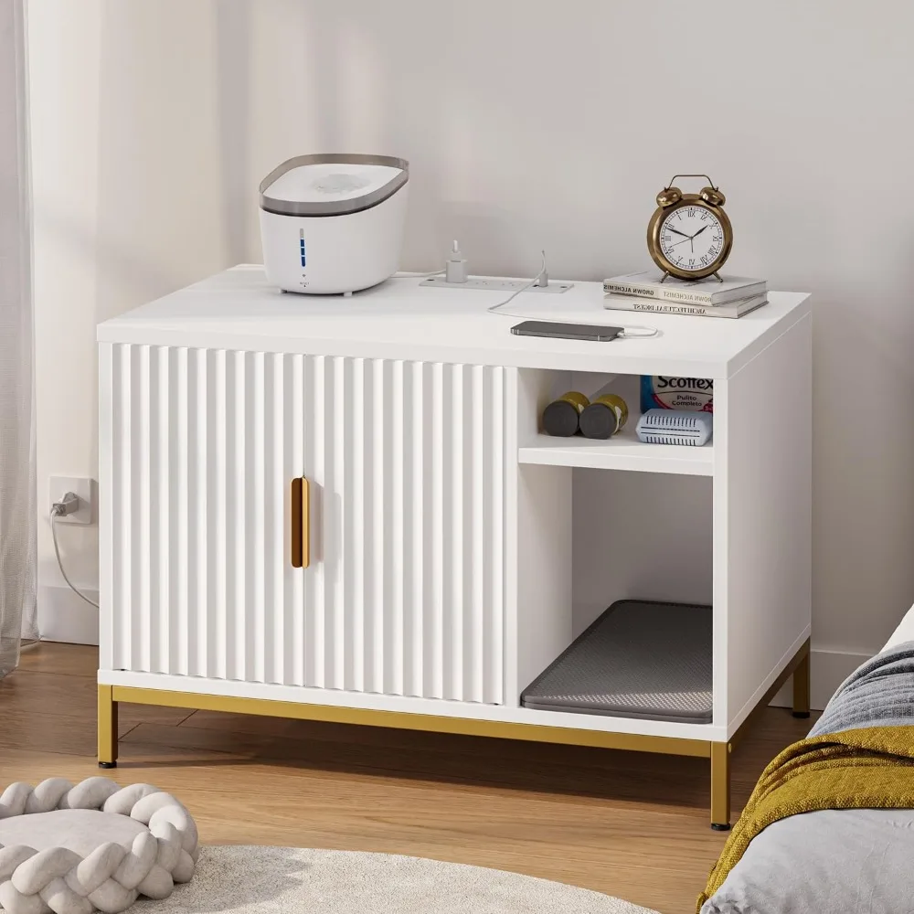 

Cat Litter Box Enclosure, Glossy Fluted Hidden Litter Box Cabinet with Power Outlets, Cat Washroom Furniture with Double Layer