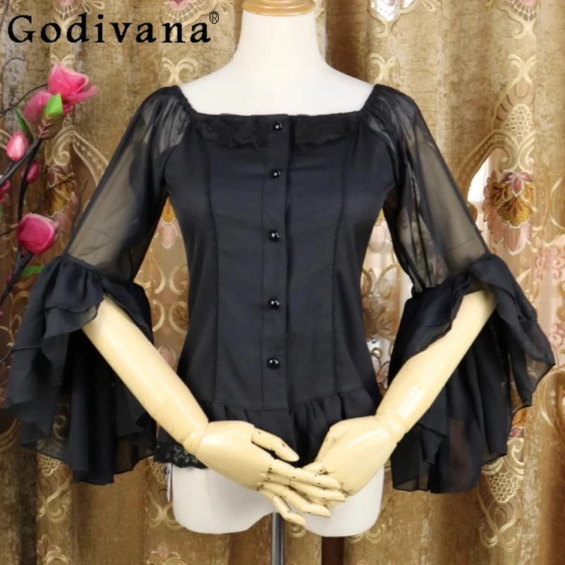 

Sweet Chiffon Blouse Square Neck Slash Neck White Seven-quarter Sleeve Shirt Girl Summer Flare Sleeve Age-reducing Versatile Top