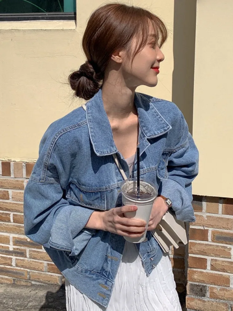 

Chic Vintage Hong Kong Sle Loose Fit Casual Denim Jaet Women's Turn-down Collar Single Button ket Decorated Versatile ...