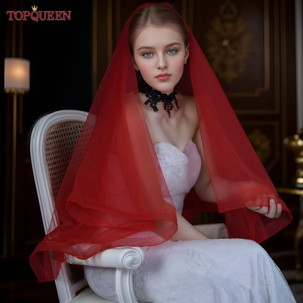 TOPQUEEN Red Romantic Bridal Veil Double Cover Face Refers To Long And Wide Fishbone Edge Red Veil Wedding Accessories v69