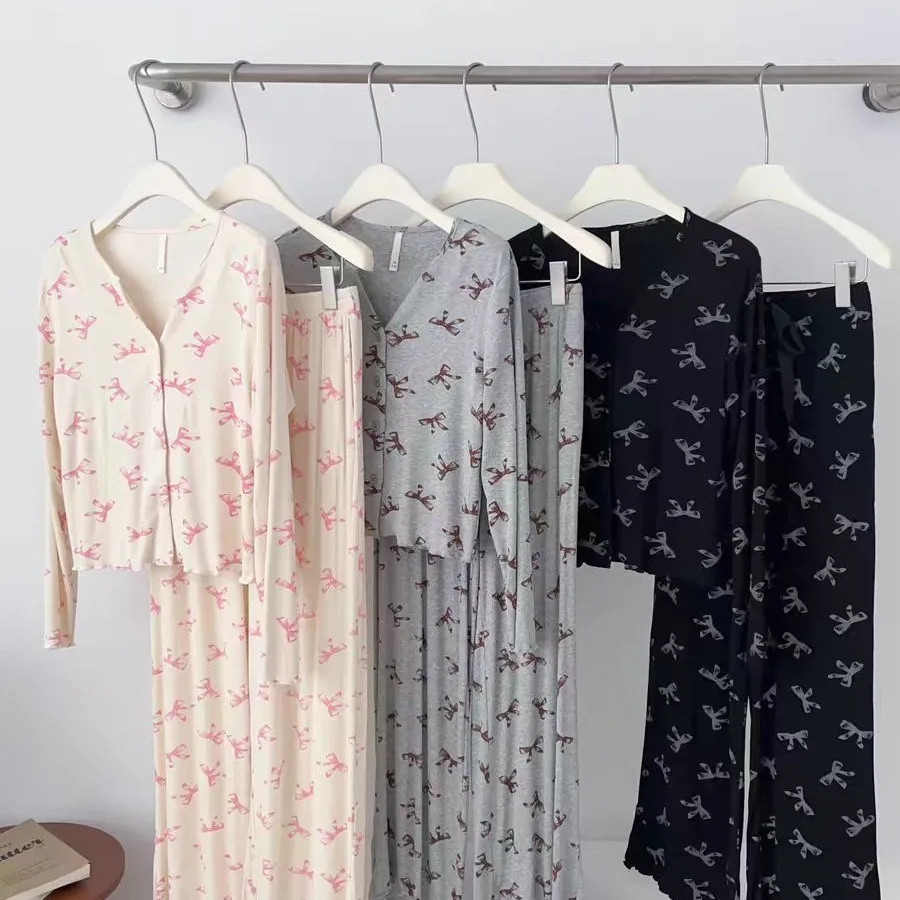 

Print Two-piece Set Sleepwear Woman Night Wear for Ladies V-neck Fashion Home Clothing Long-sleeved Trousers Loungewear Set