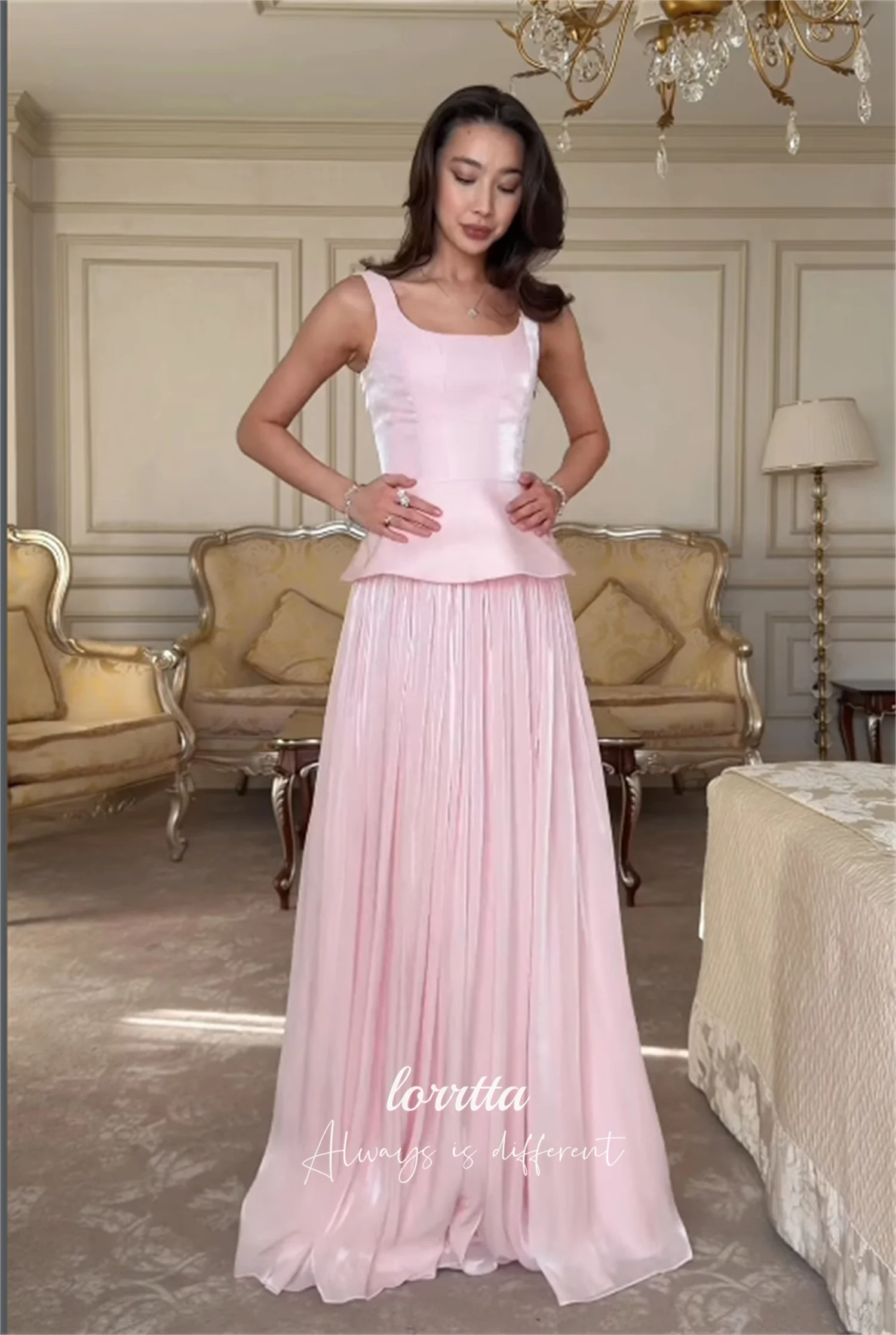 Lorrtta Damen-Abendkleid, maßgeschneiderte, elegante Partykleider für besondere Anlässe, glitzernder Satin, A-Linie, rosa, quadratischer Kragen – Detail 5