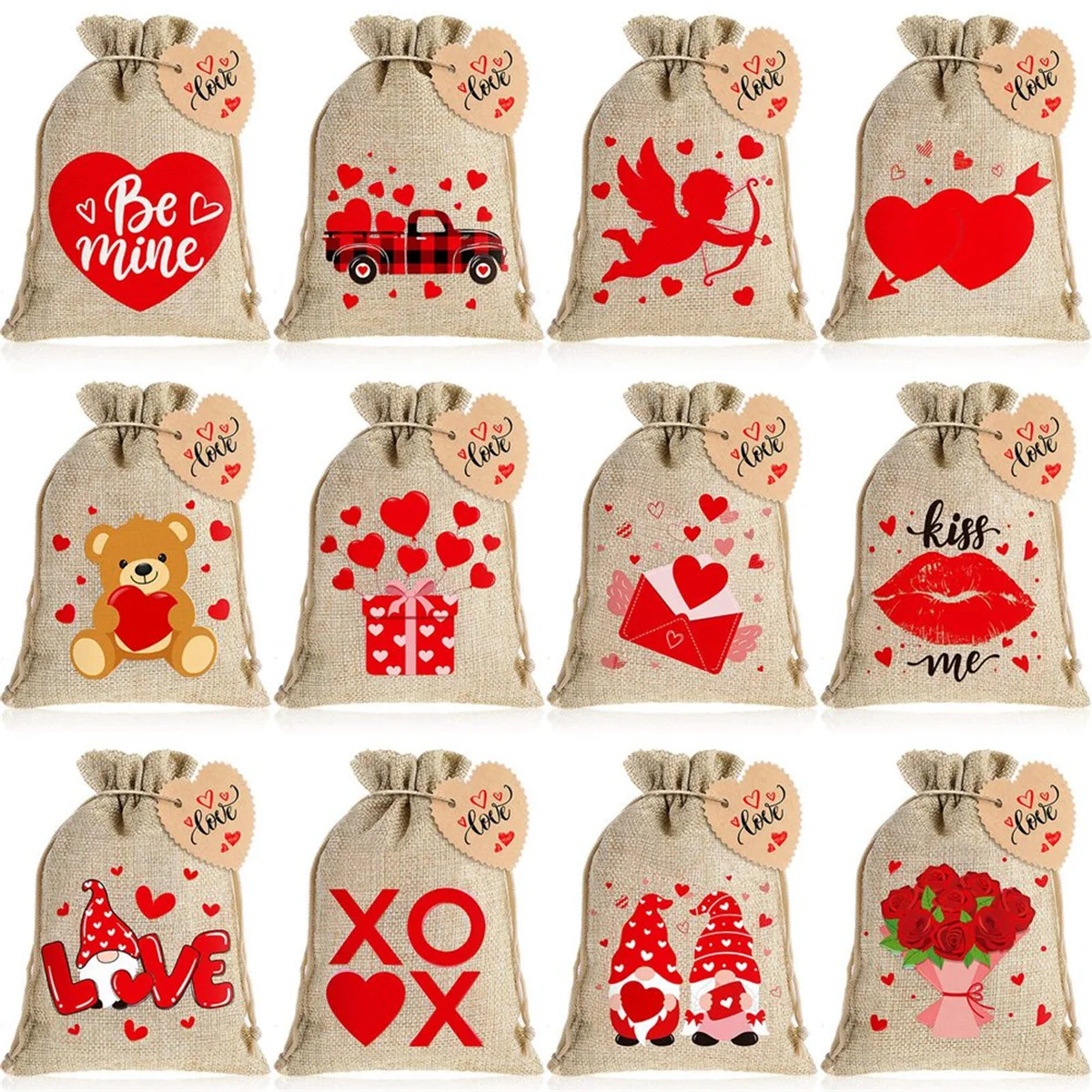 24 Pieces Valentine'S Day Burlap Gift Bags with Drawstring Heart Bags Party Favor Bag with Heart Mini 10 X 15cm