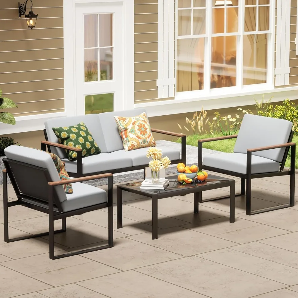 

4 Pieces Patio Sets,Outdoor Metal Sectional Furniture Patio Conversation Set,Fuaxwood Anti-Scald Armrest,4" Olefin Cushions