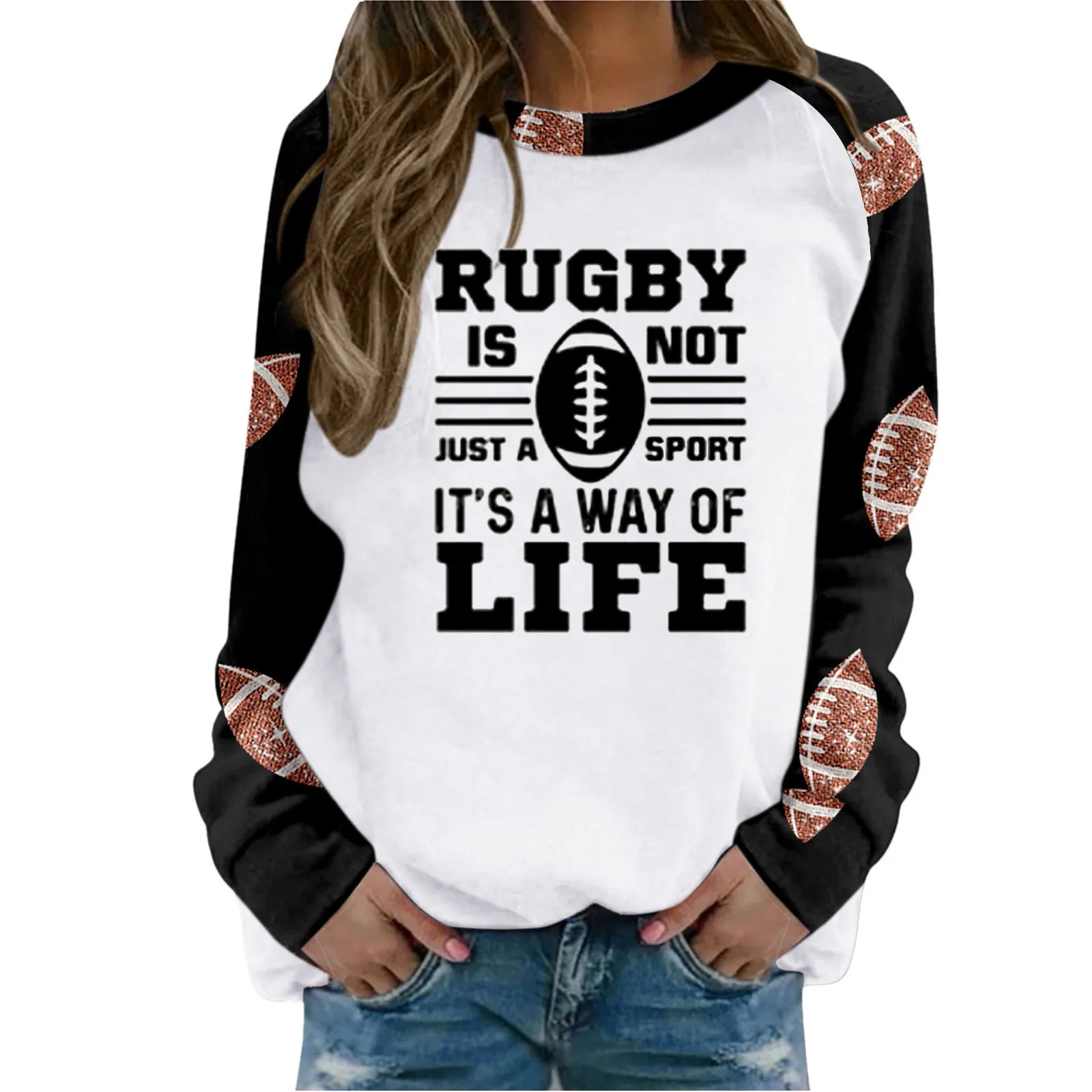 

Comfortable Hoodless Fashion Sweatshirt Crew Neck Long Sleeve Rugby Print Pullover Top Women Warm Loose Fit Casual Hoodie