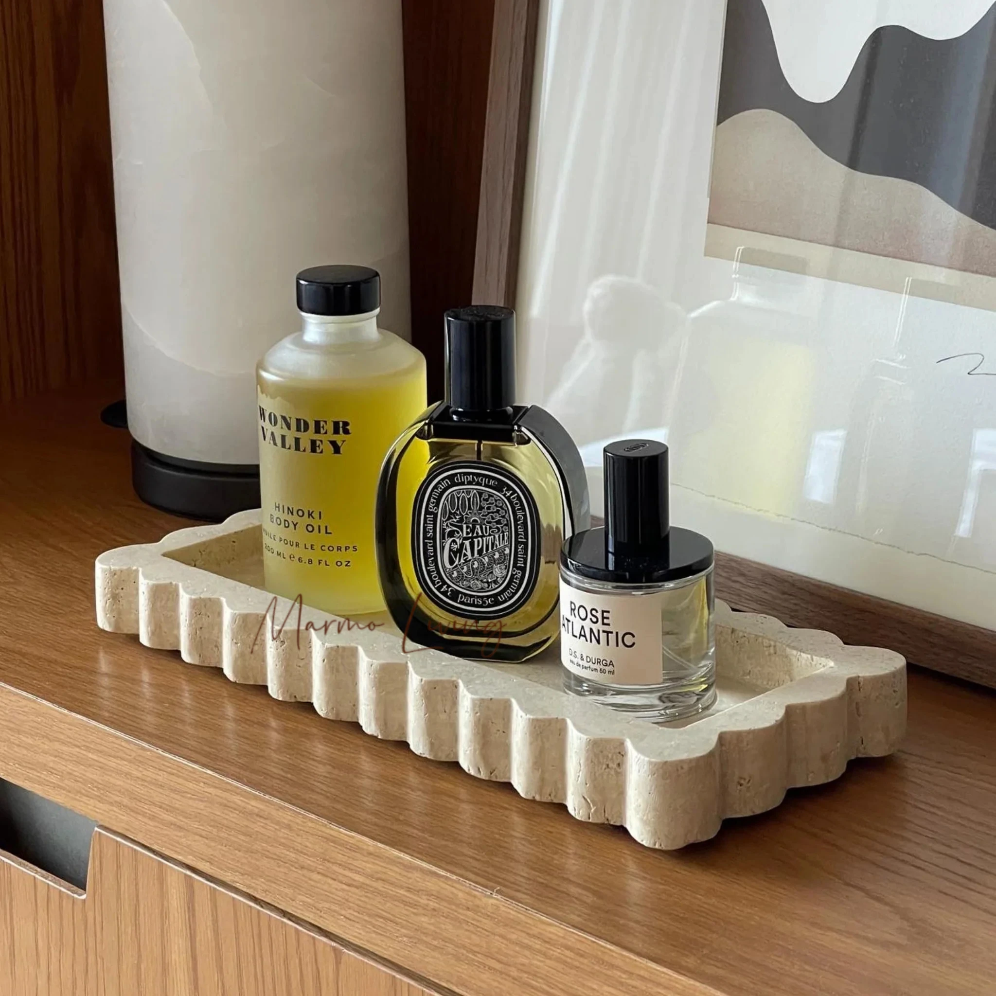 Natural Marble Catchall Wabi Sabi Beige Travertine Stone Scalloped Tray Soap Dish Cosmetic Tray Bathroom Organizer