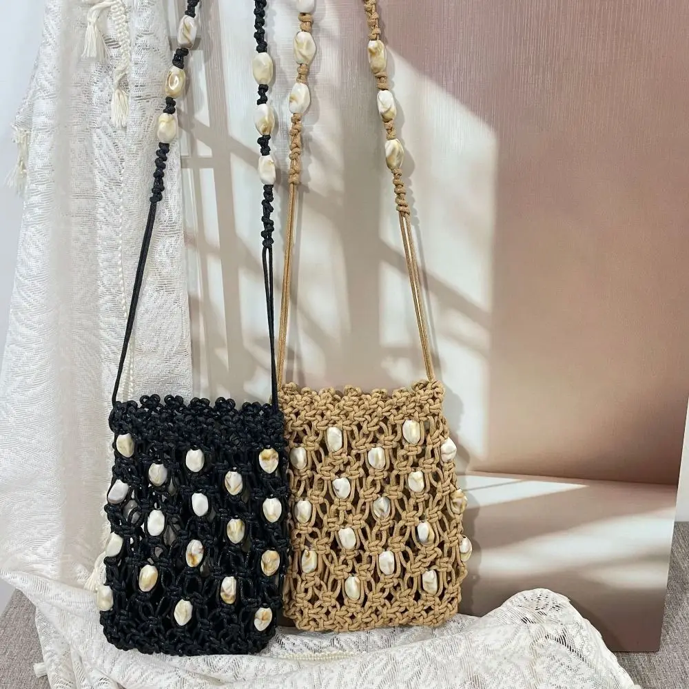 Korean Style Beaded Woven Phone Bag Handmade Wax Rope Hollow Out Shoulder Bag Vacation Style Braided Beach Bag Ladies/Girls