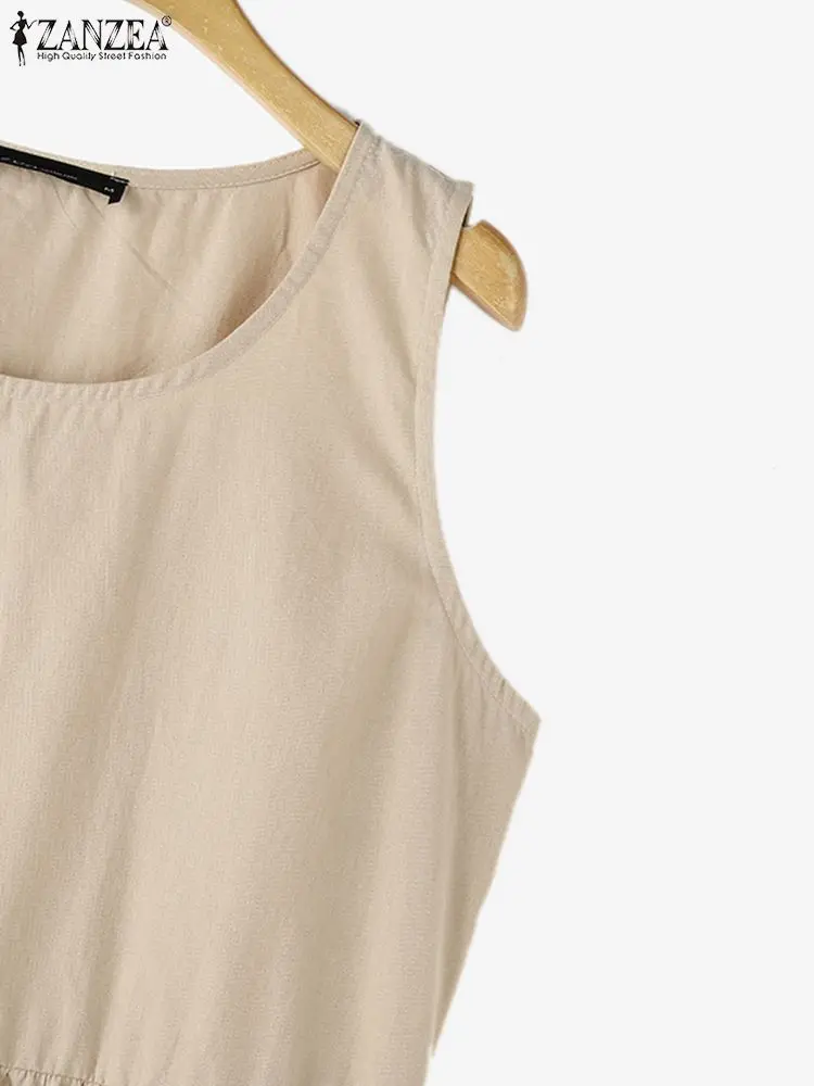 ZANZEA 2024 ฤดูร้อนชุดเดรสแขนกุดผู้หญิงแฟชั่น A-Line Holiday Beach Tanks Vestidos ทํางาน Sarafans Casual หลวมผ้าฝ้าย Sundress