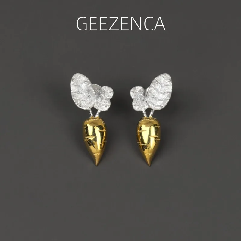 

GEEZENCA 925 Sterling Silver Two Toned 3D Radish Statement Earrings Women Trendy Dainty Cute Unique Small Stud Earring Her Gift