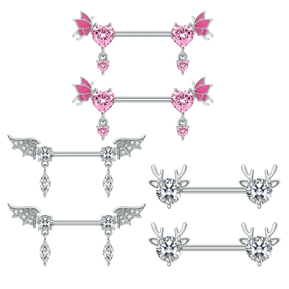 A Pair Cute Heart Dangled Nipple Piercings Barbell for Women Pink Color Moon Butterfly Shaped Sexy Nipple Rings Shield Bar Sets