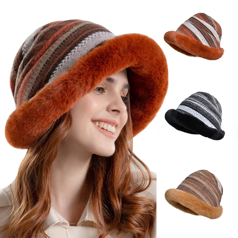 Chapéus de balde de pelúcia feminino, aba larga, Gorros de veludo, boné de pescador listrado, Chapéu Panamá Windproof quente, moda feminina, inverno