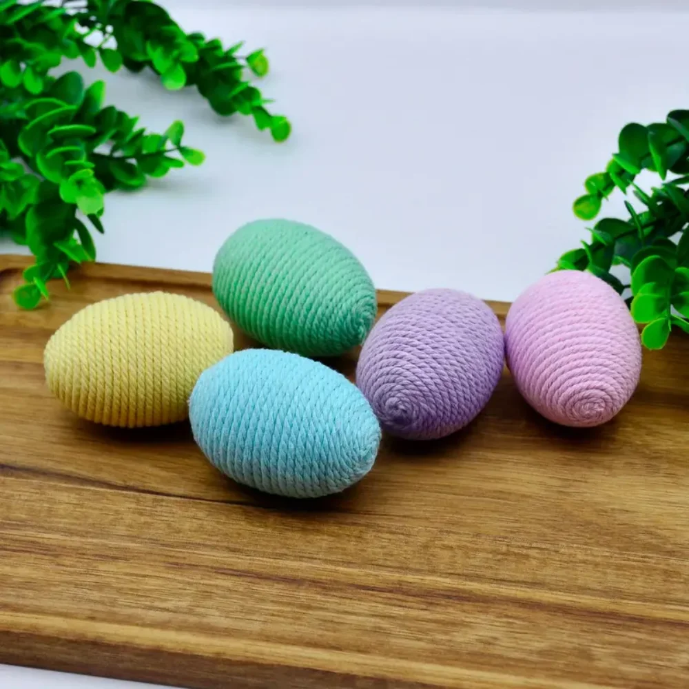 

5pcs Easter Eggs Pastel Cotton Yarn Wrapped Easter Spring Tiered Tray Decor Farmhouse Egg Hunt For Kids