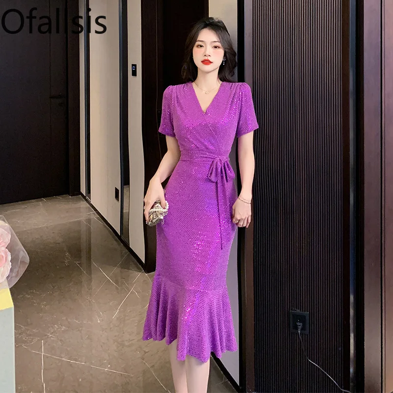 Ofallsis V neck Sequins Evening Dress 2024 Summer New Sexy Korean Chic Celebrity Slimming Style Fishtail Dresses Female Vestidos