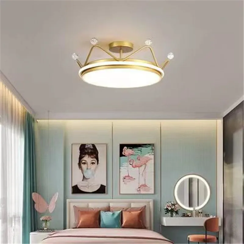 

2022 LED Crown Chandelier for Children's Grils Boys Room Ceiling Lamp Nordic Golden Pink Princess Bedroom Lights Decoration