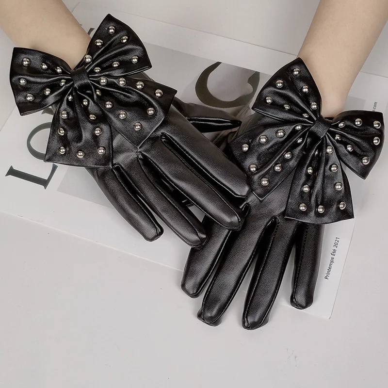 Fashion Women Punk Rock Rivet Bow Full Finger Synthetic Leather Gloves For Sports Fitness Nonslip Cycling Motorcycle Mittens S85