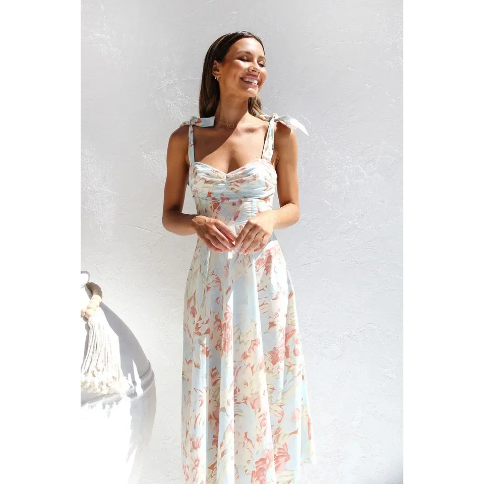 CPSYMYM Plus Size Lady Spring Summer Dress Green Floral Print V-Neck Long Dresses Casual Bohemian Sleeveless Women Beach Party D