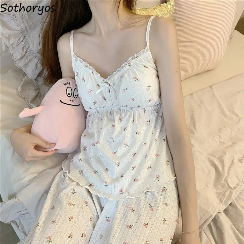 

Pajama Sets Women Sweet Girls Sleepwear Floral Print Three-piece Set V-neck Pyjama Cute Preppy Casual Pajama Mujer Gentle Bow