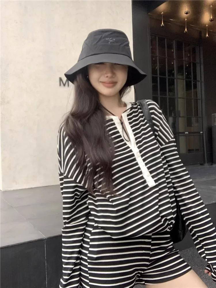 ADAgirl Harajuku Stripe Print Long Sleeve Oversized T-shirts for Women Casual Sweatpants Shorts Two Piece Set Summer Autumn Sets