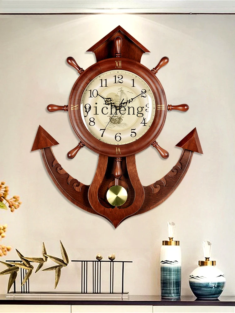 Tqh  Living Room Clock Home Clock Wall-Mounted Creative and Slightly Luxury Mediterranean Solid Wood Rudder Wall Clock