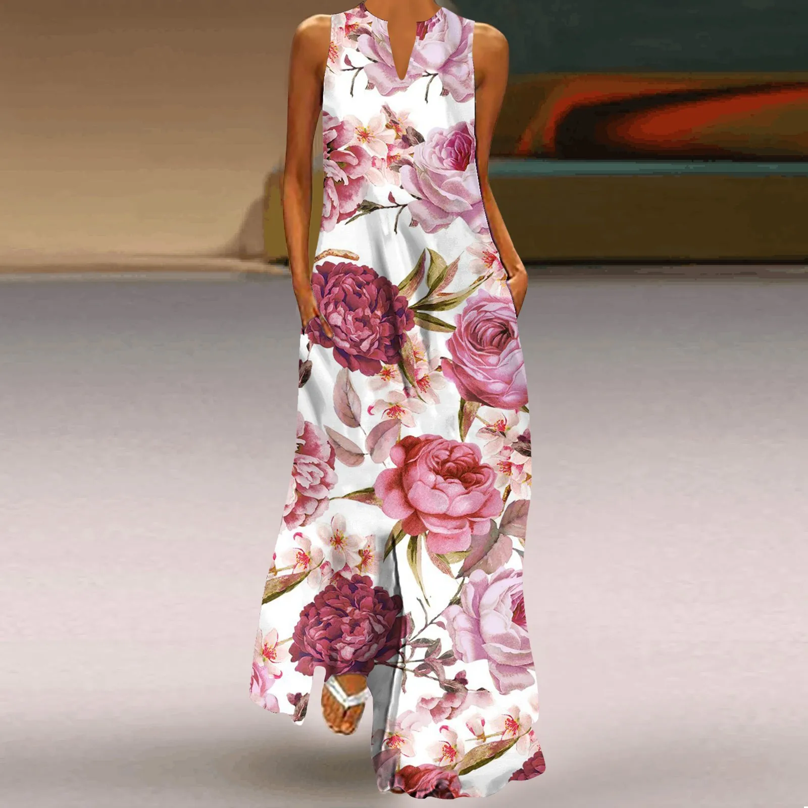 Modieuze dames maxi-jurk met holle V-hals, frisse bloemenprint, mouwloos, los, recht, strand, vakantie aan zee, lange jurk