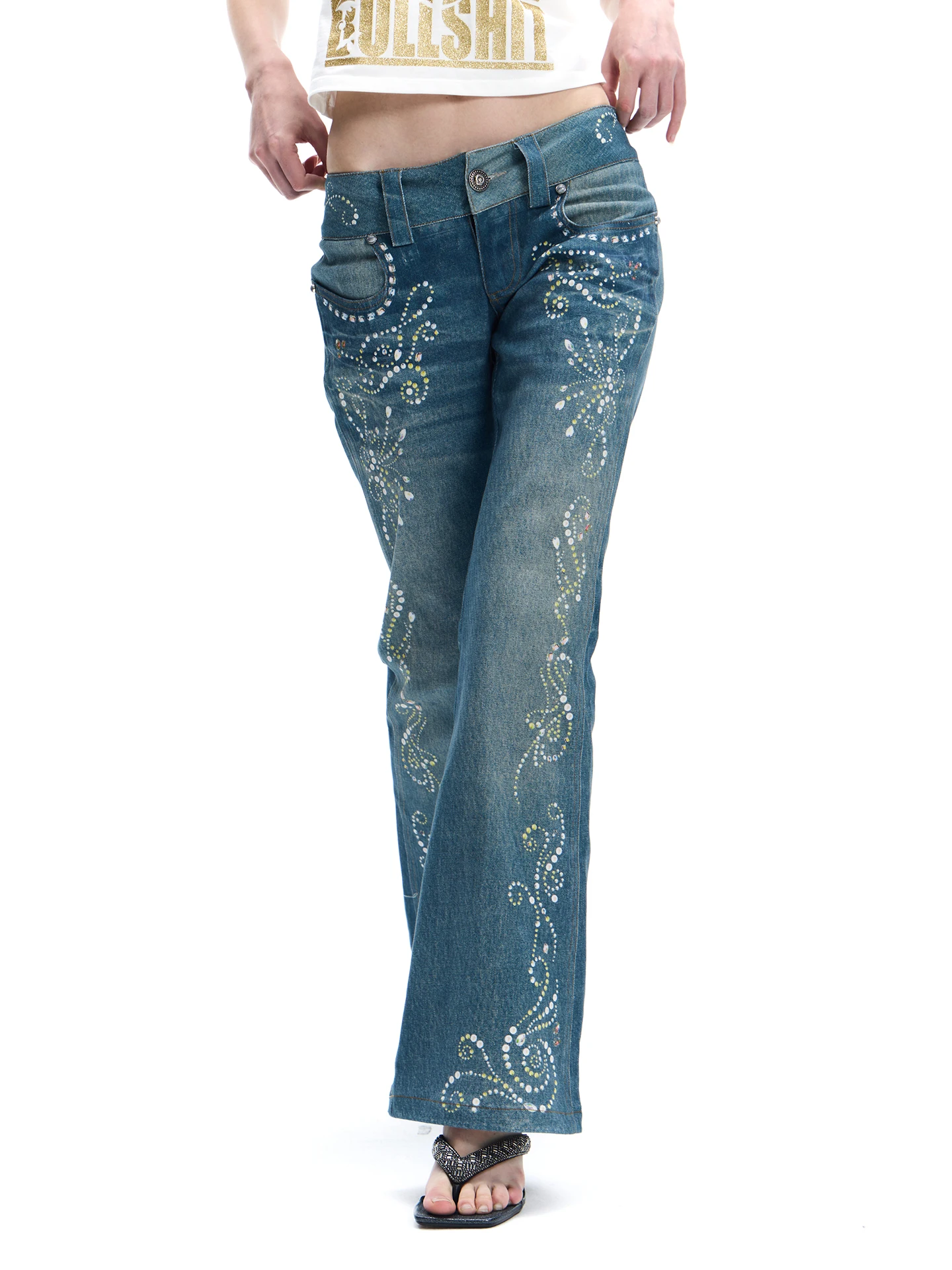 Faychui Millennium Retro Gem Print Flared Jeans American Hot Girl Weathered Denim Pants Mid-Century Style Natural Waist