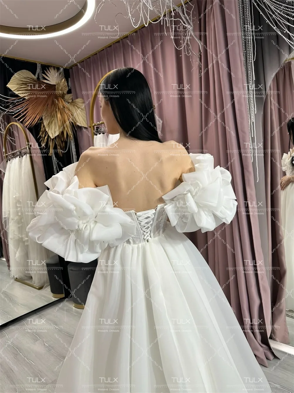 TULX 럭셔리 아이보리 오간자 퍼프 슬리브 웨딩 드레스 섹시한 스위트하트 레이스 브라이덜 가운 A라인 롱 로브 드 마리에 맞춤 제작