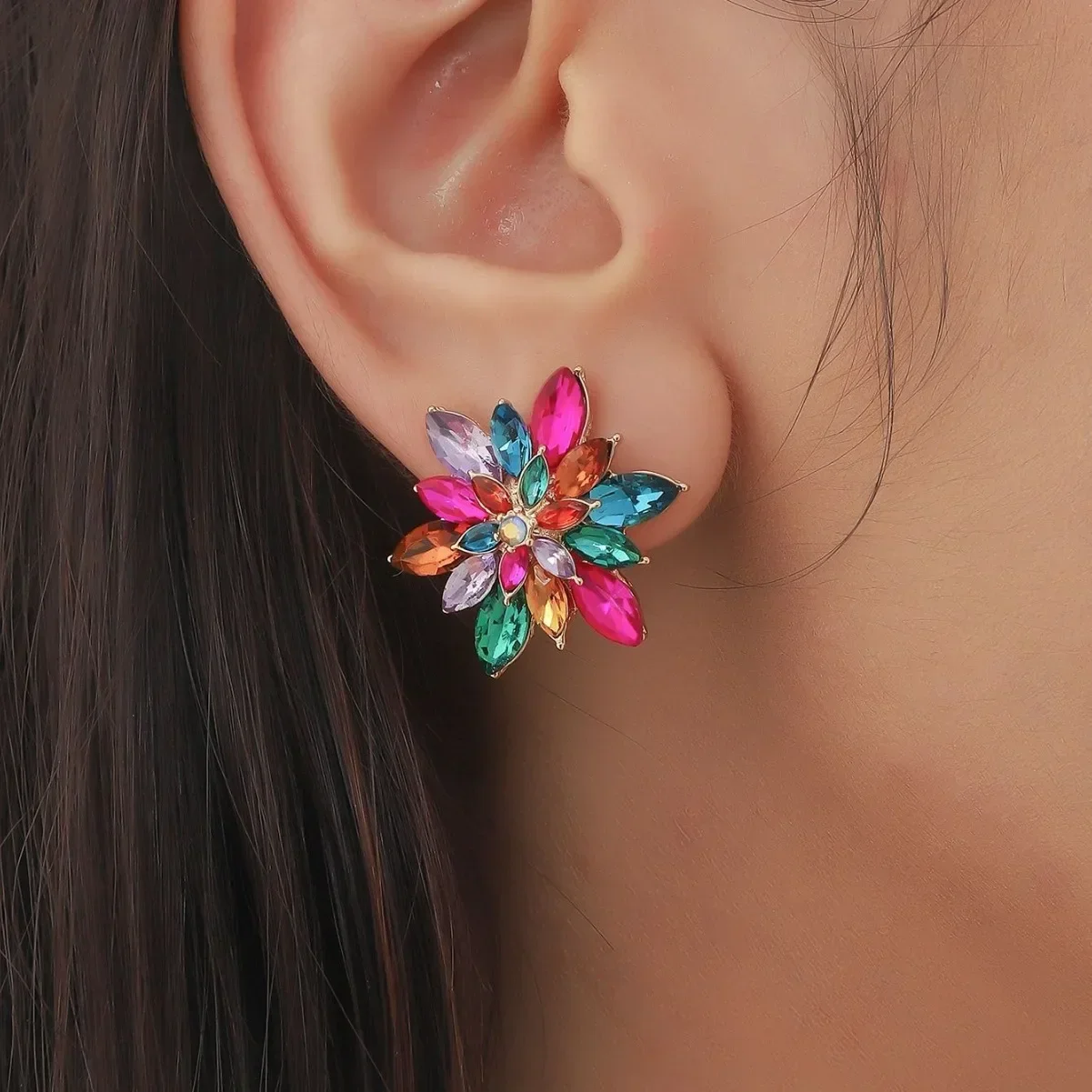 

1Pair Unique Crystal Colorful Flower Stud Earrings for Women, Fresh Sweet Style with Multi-Color Marquise Cut Crystals, Gold Tone Floral Statement Earrings, Ideal for Daily Wear, Parties & Jewelry Presents