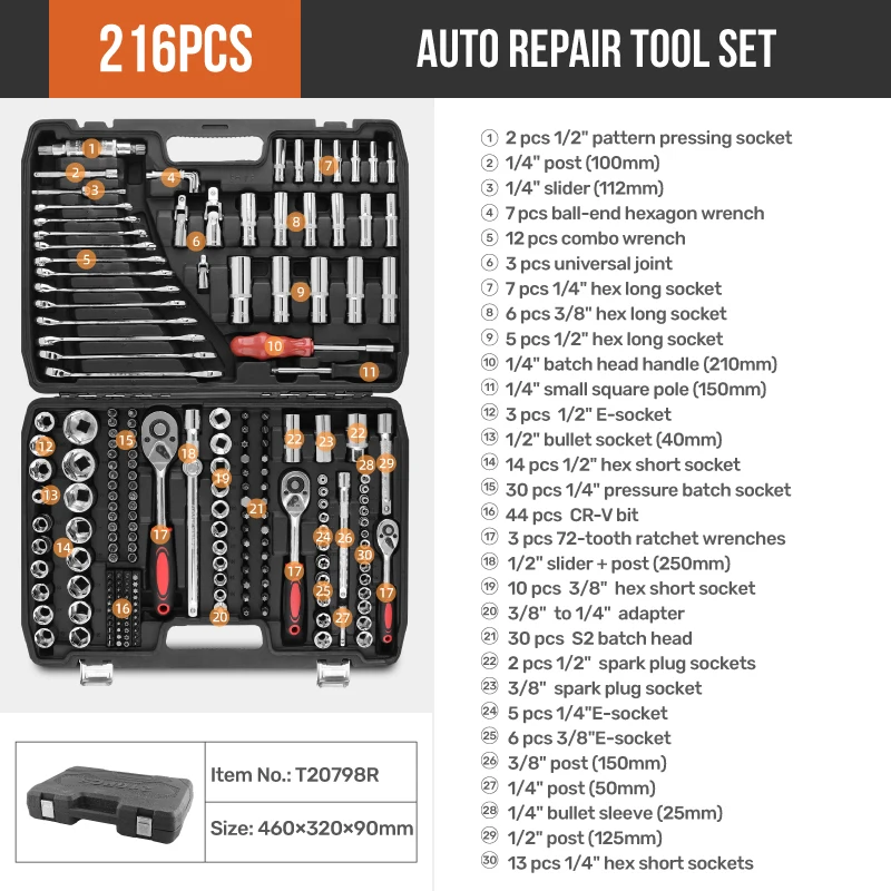 Hi-Spec 93pc Home & Garage Auto Mechanics Tool Set Durable Steel