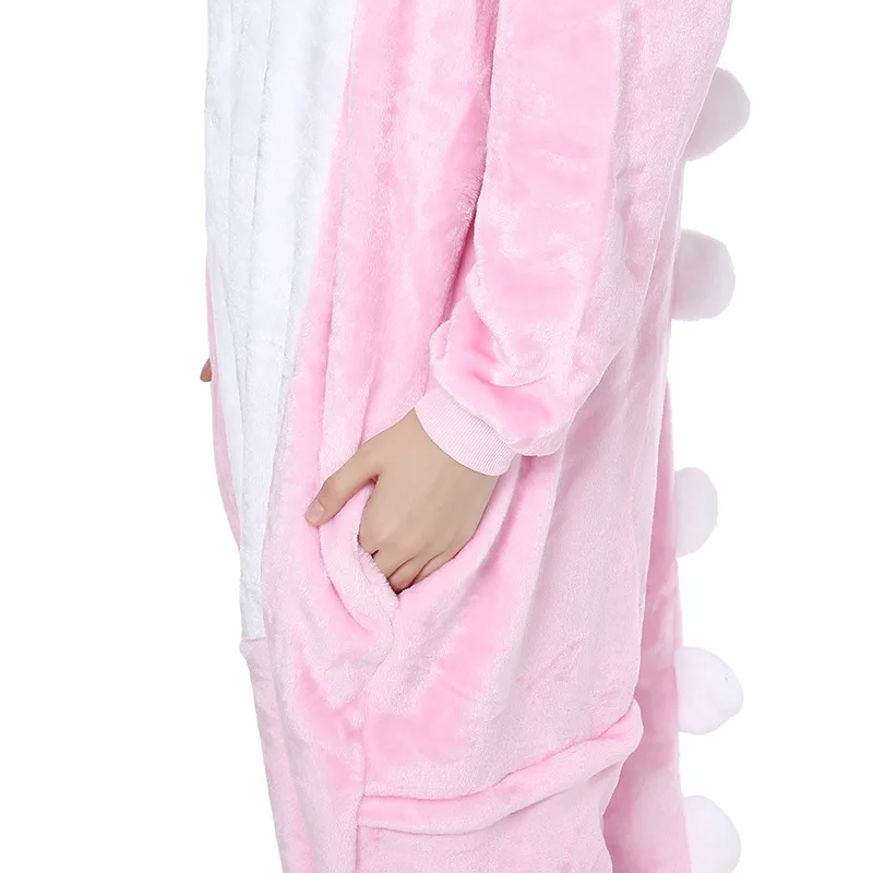 Flannel Cartoon Jumpsuit Pajama Kigurumi Pink Dinosaur Cosplay Costume Autumn Winter Thicken Warm Onesies Sleepwear Lounge Wear