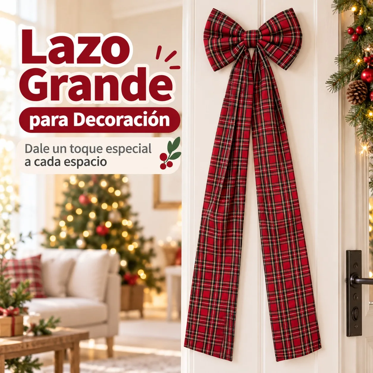 Grande fiocco natalizio da 160 cm per decorare porte e finestre, fiocco in poliestere con un classico motivo a quadri, ideale per addobbare ambienti interni e scale durante il periodo natalizio.