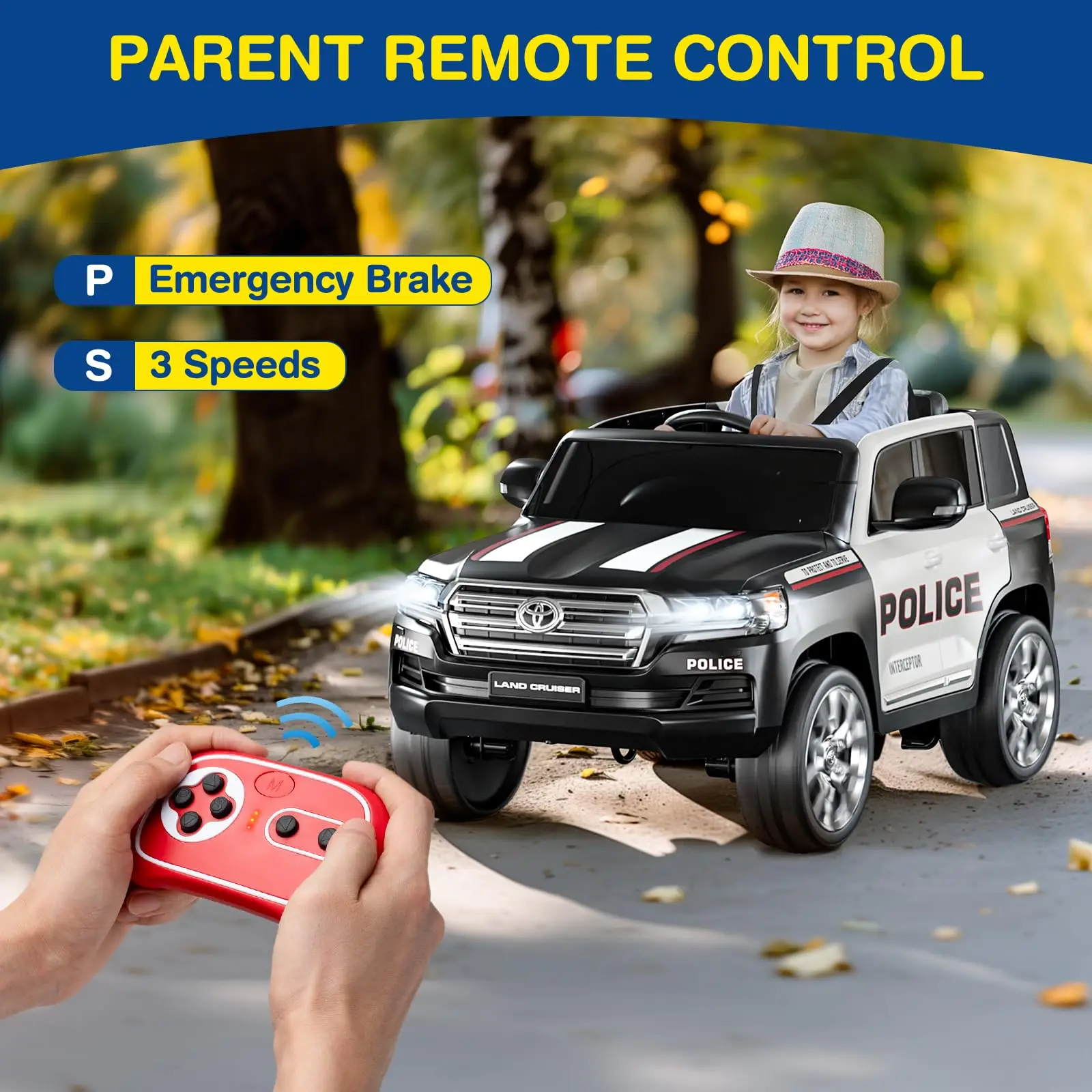 LIGIANT lizenziertes Toyota 12V Polizeiauto für große Kinder, 2-Sitzer-Fahrt mit Fernbedienung, 4WD, Sirene, LED, Bluetooth, Weihnachtsgeschenkidee