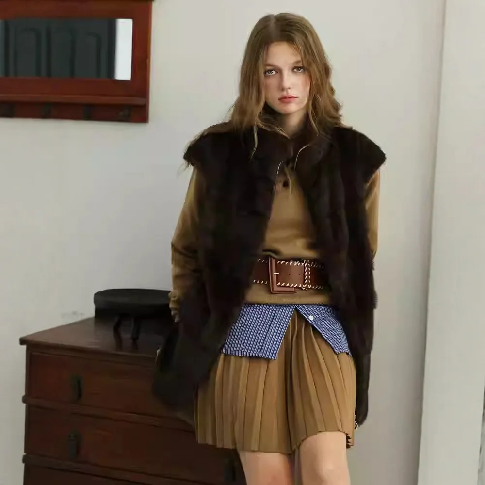 سيدة فرو منك سترة مترهل نمط الإناث ايكو الفراء أبلى الحد الأدنى المرأة الفراء الاصطناعي سترة الرجعية جيوب الرقبة المستديرة #5